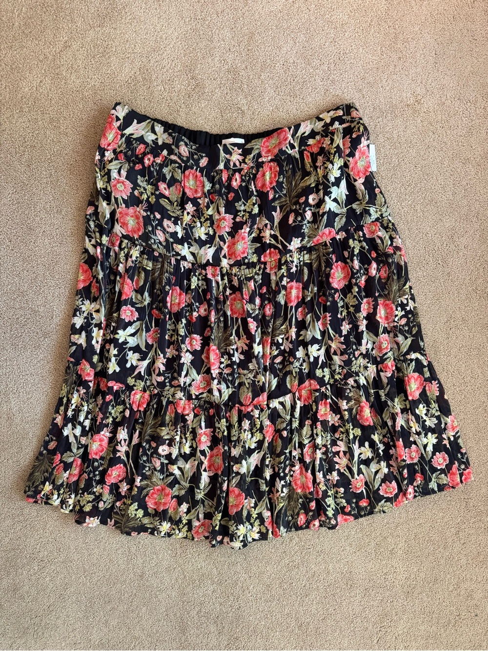 NWT Floral Tiered Black Skirt with Pink Rose Print